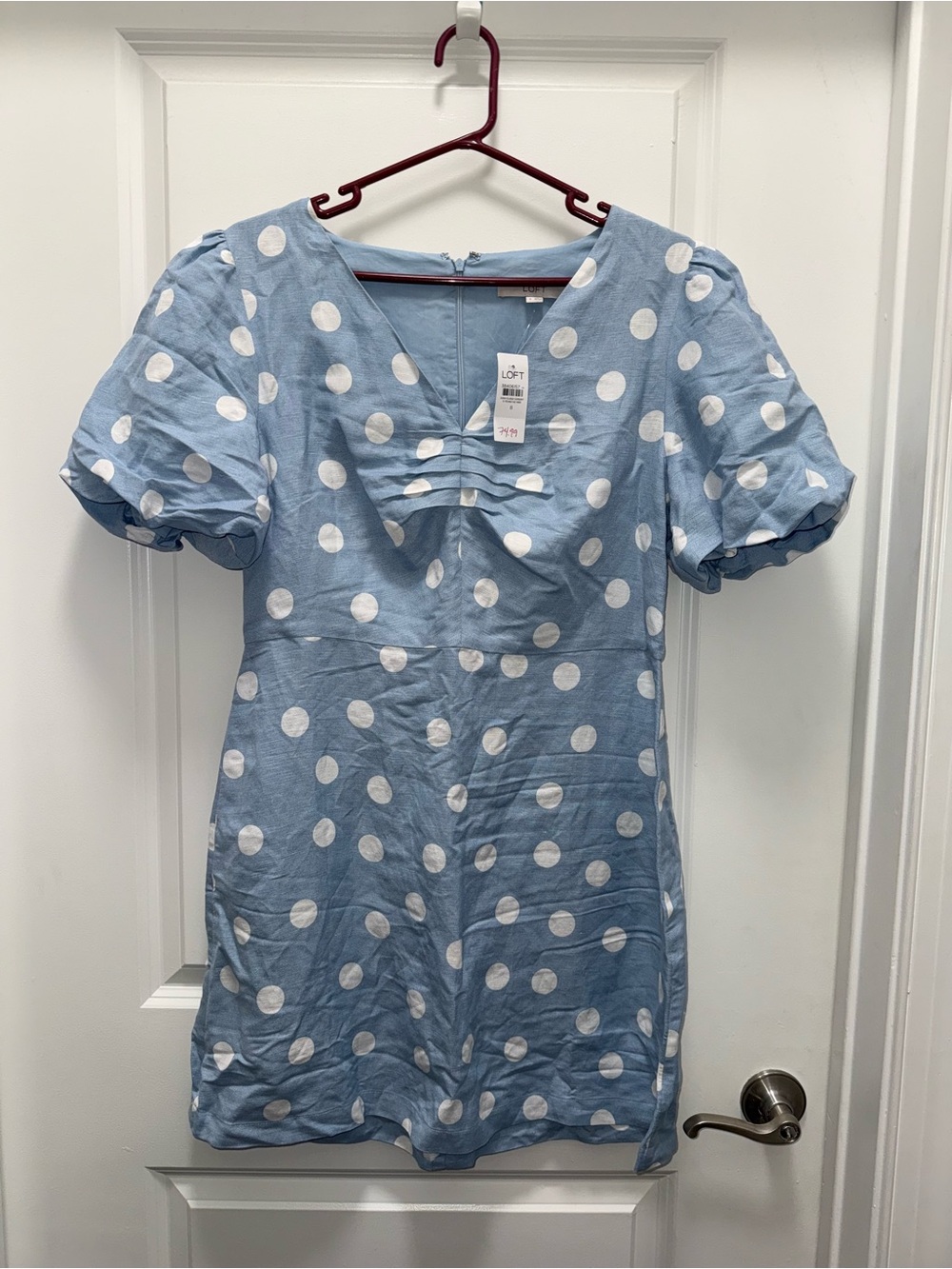 NWT LOFT Blue Polka Dot Linen Blend Short Puff Sleeve Mini Dress Size 8